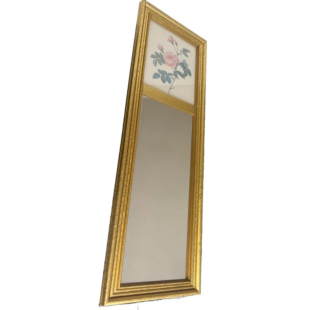 Vintage Pink Rose Print Pier Mirror Gold Gilt Frame Floral Wall Hanging 23.5